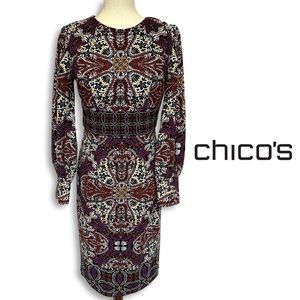 NWT Chico’s Maroon Pattern Long-sleeve Dress